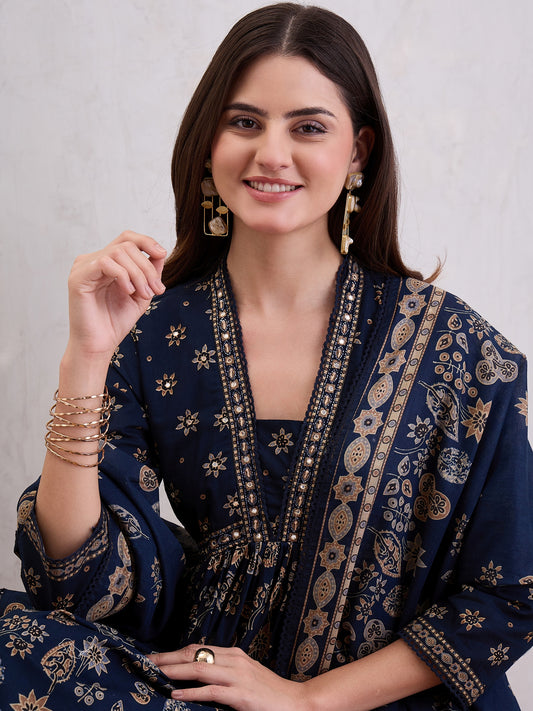 Ethnic Motifs Printed Pleated Mirror Work Pure Cotton Kurta With Sharara & Dupatta