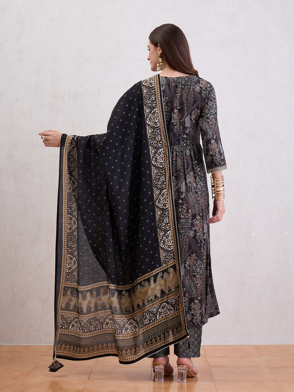 Floral Printed Mirror Work Chanderi Silk A-Line Kurta With Trousers & Dupatta
