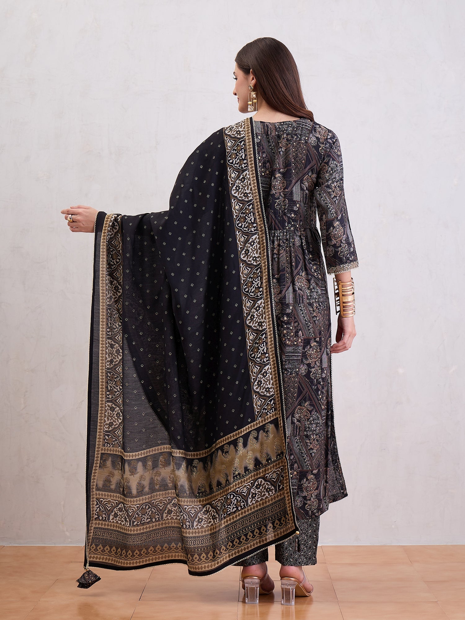 Floral Printed Mirror Work Chanderi Silk A-Line Kurta With Trousers & Dupatta