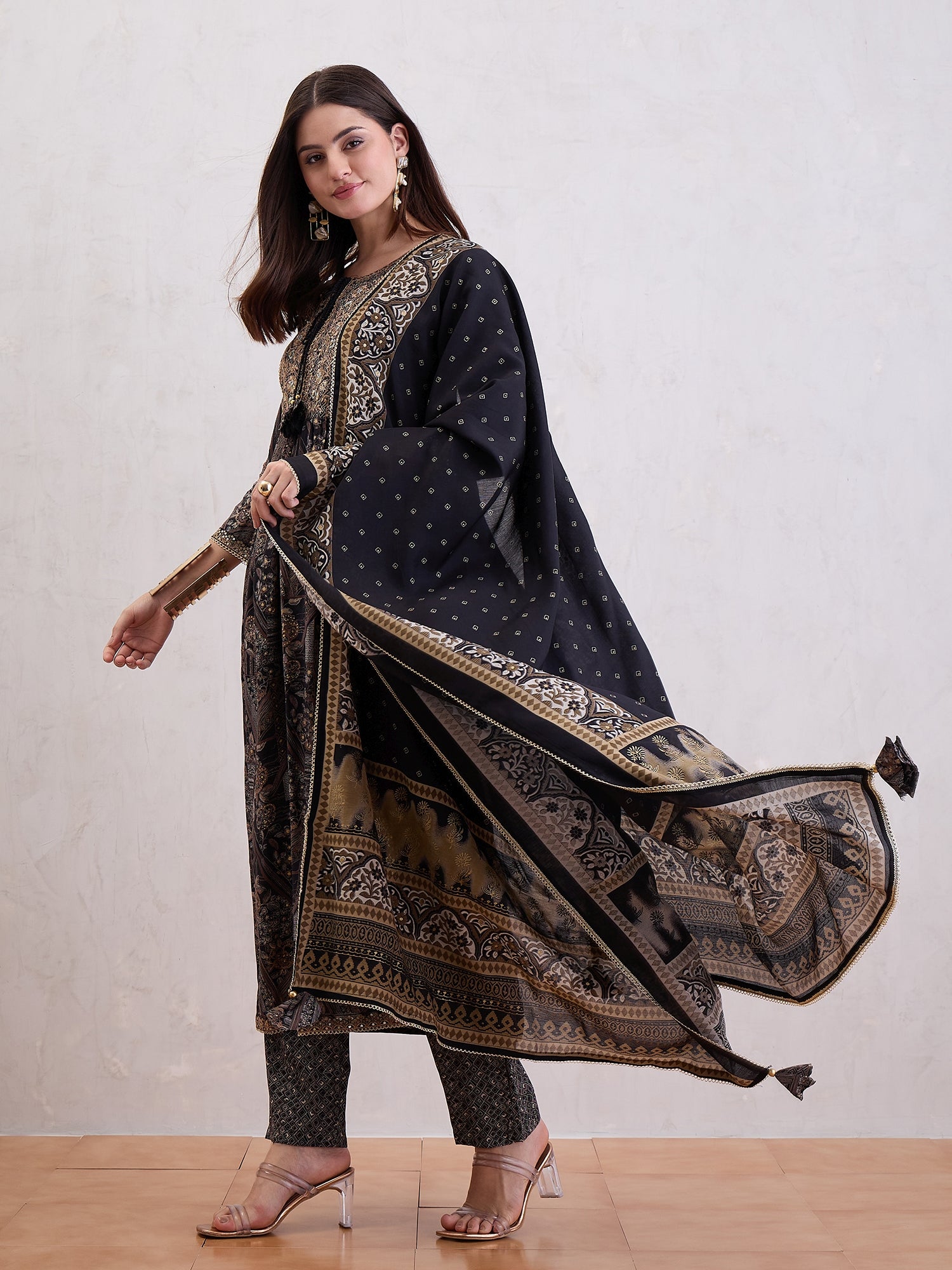 Floral Printed Mirror Work Chanderi Silk A-Line Kurta With Trousers & Dupatta