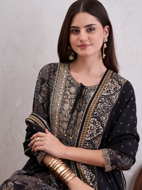 Floral Printed Mirror Work Chanderi Silk A-Line Kurta With Trousers & Dupatta