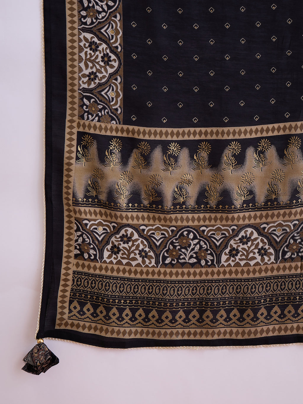 Floral Printed Mirror Work Chanderi Silk A-Line Kurta With Trousers & Dupatta