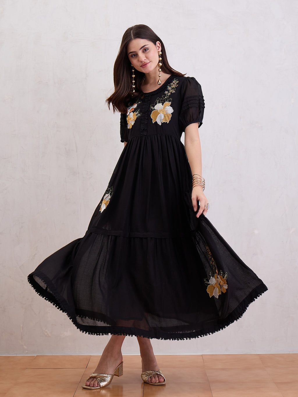 Women Voile Floral Embroidered Fit & Flare Midi Dress