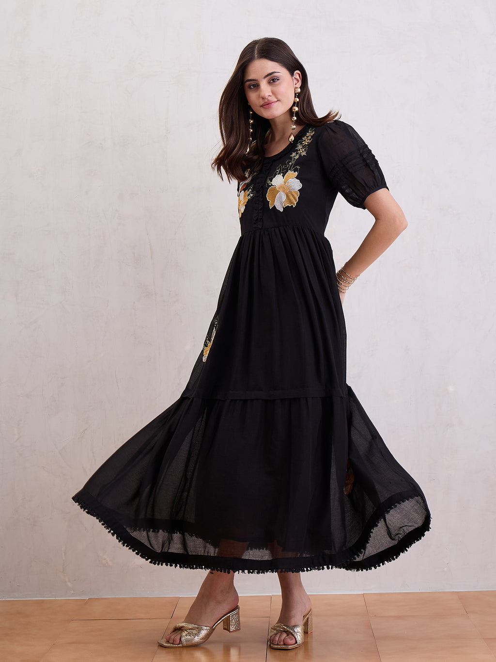 Women Voile Floral Embroidered Fit & Flare Midi Dress