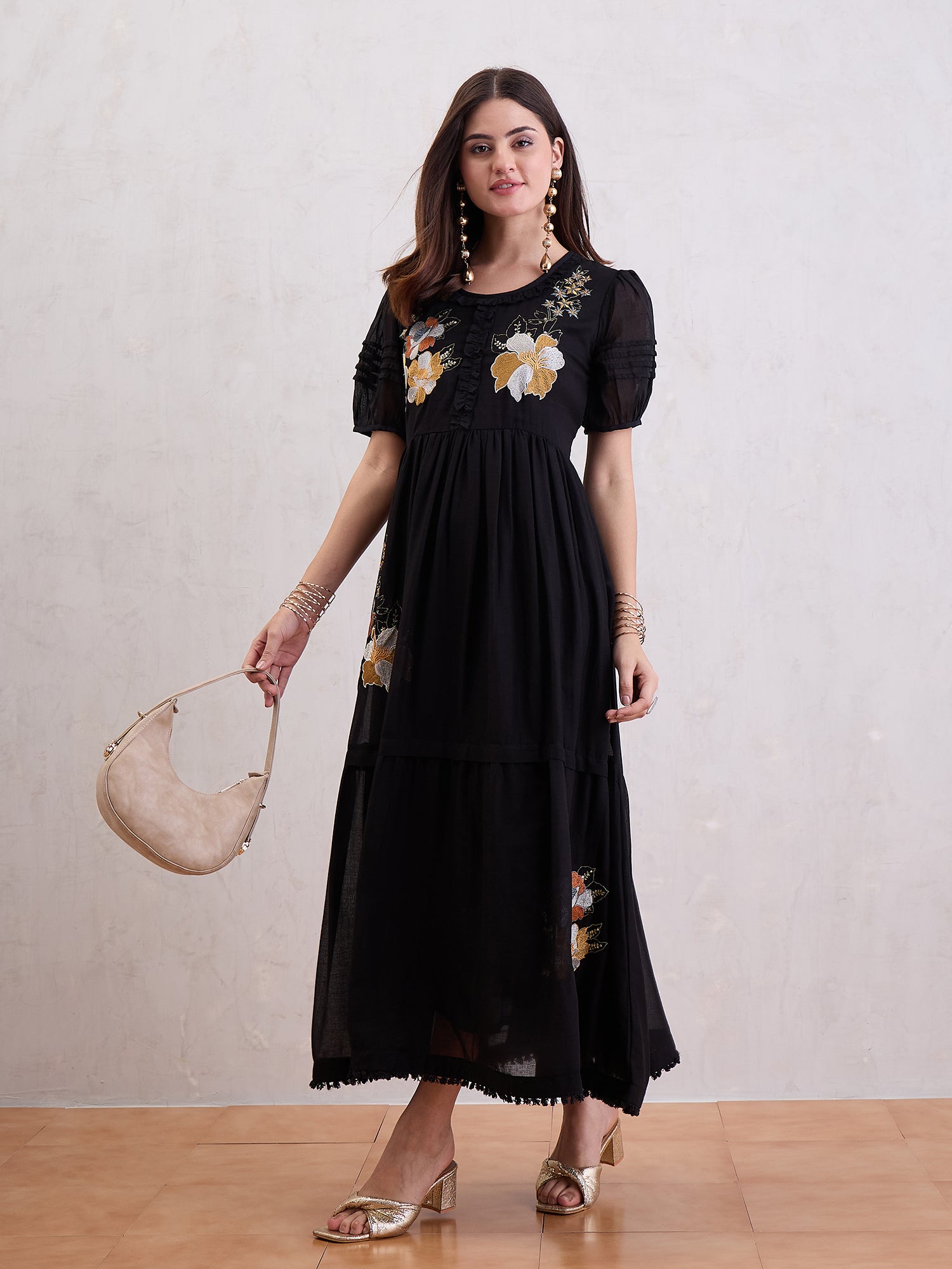 Women Voile Floral Embroidered Fit & Flare Midi Dress