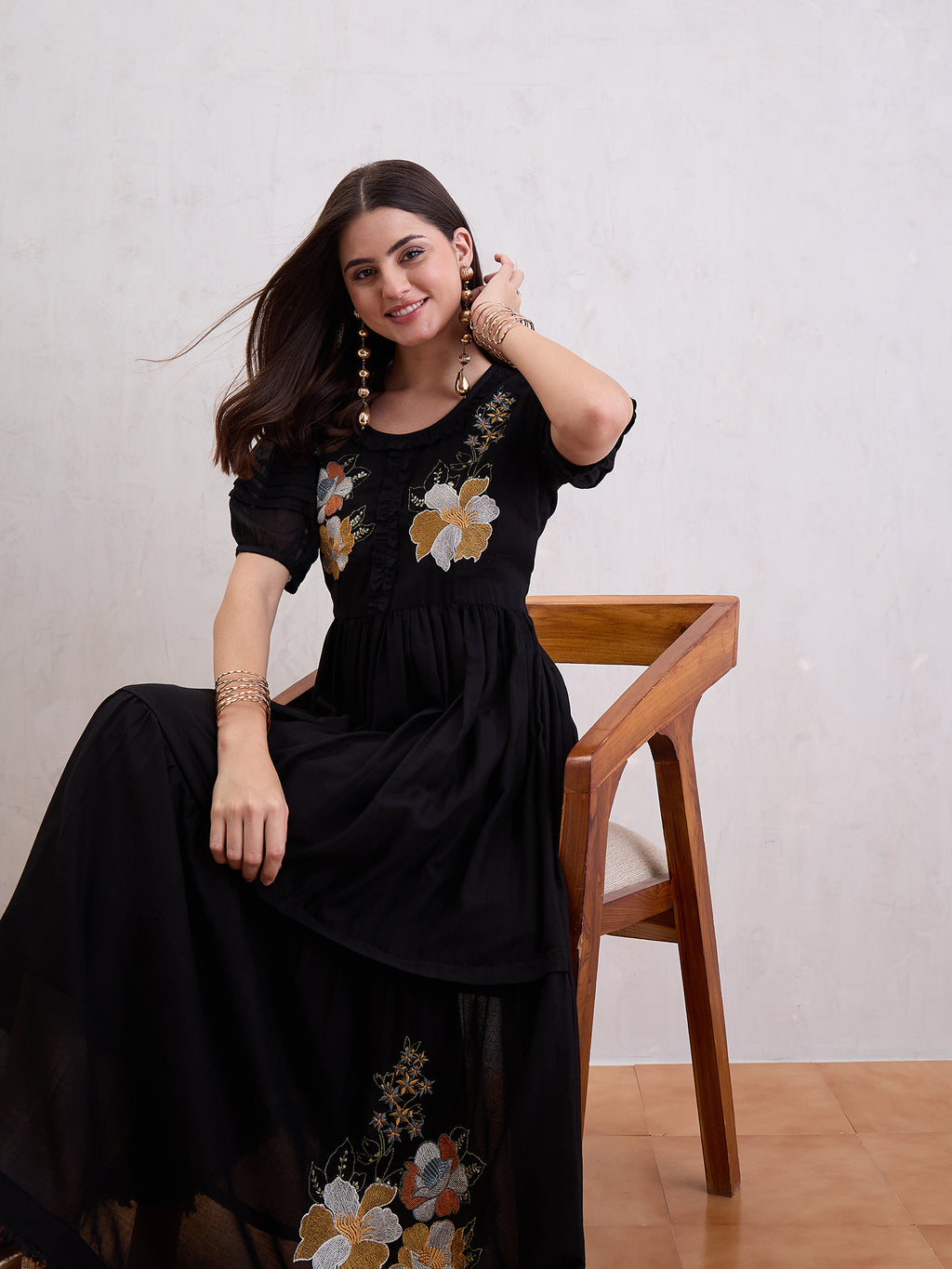 Women Voile Floral Embroidered Fit & Flare Midi Dress