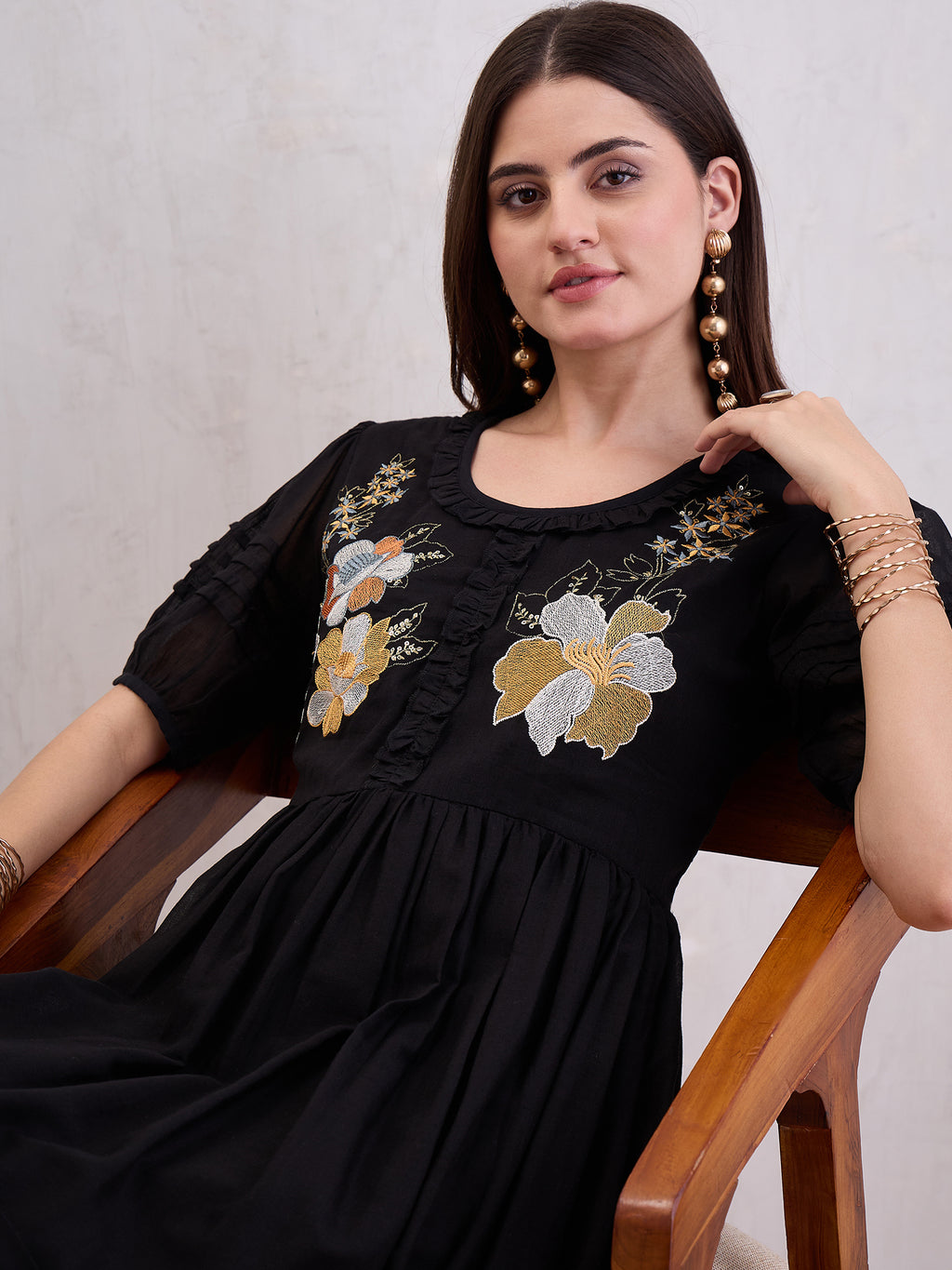 Women Voile Floral Embroidered Fit & Flare Midi Dress
