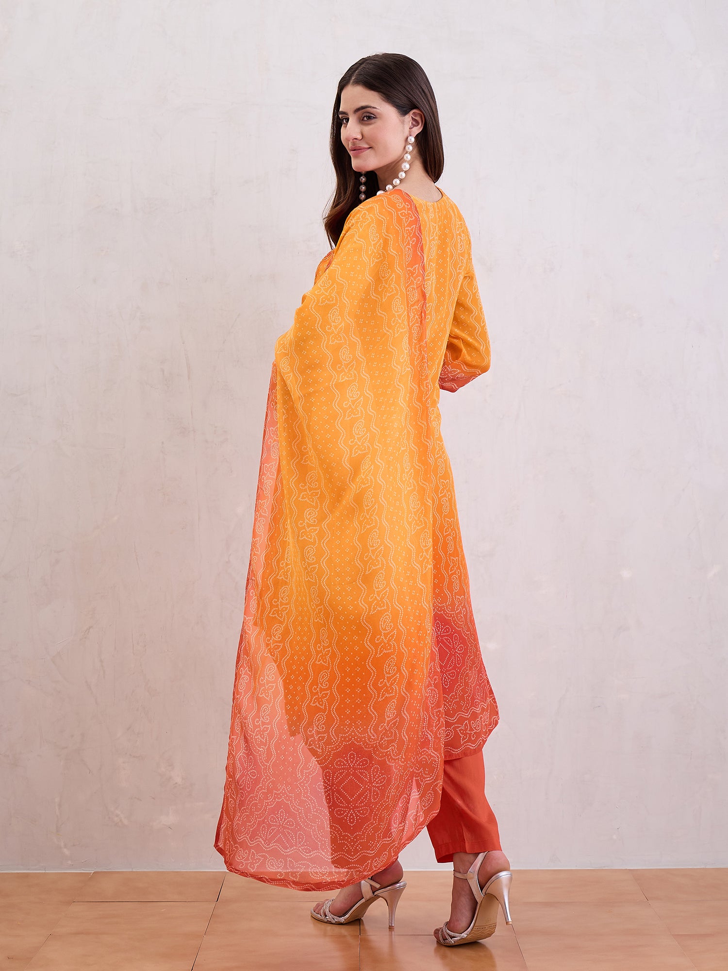 Bandhani Printed Beads and Stones Straight Kurta With Trousers & Dupatta