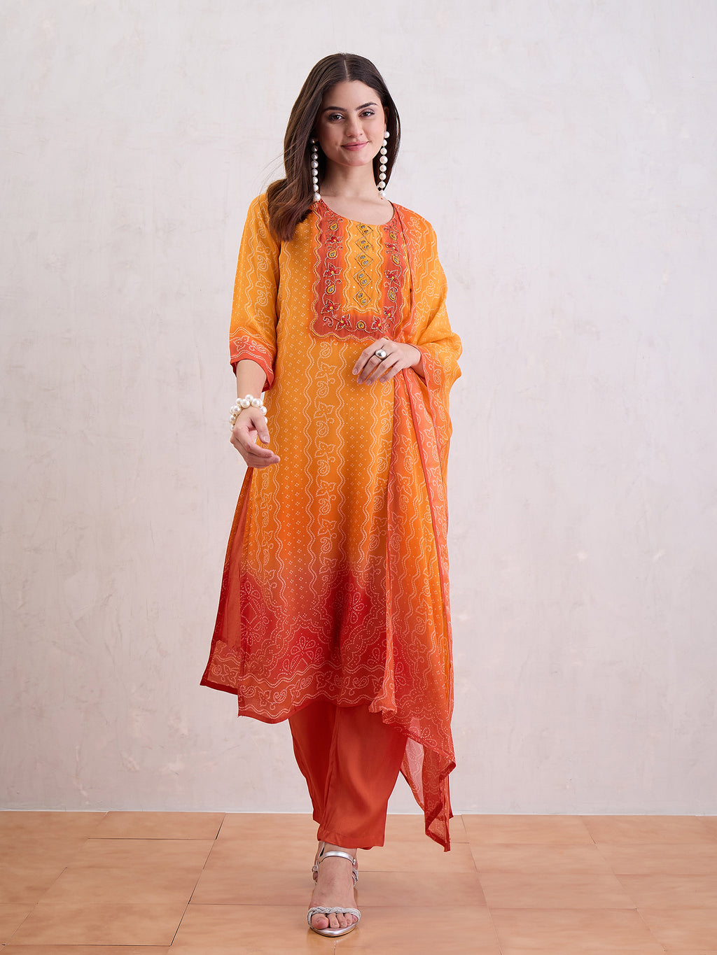 Bandhani Printed Beads and Stones Straight Kurta With Trousers & Dupatta