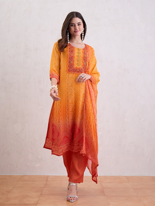 Bandhani Printed Beads and Stones Straight Kurta With Trousers & Dupatta