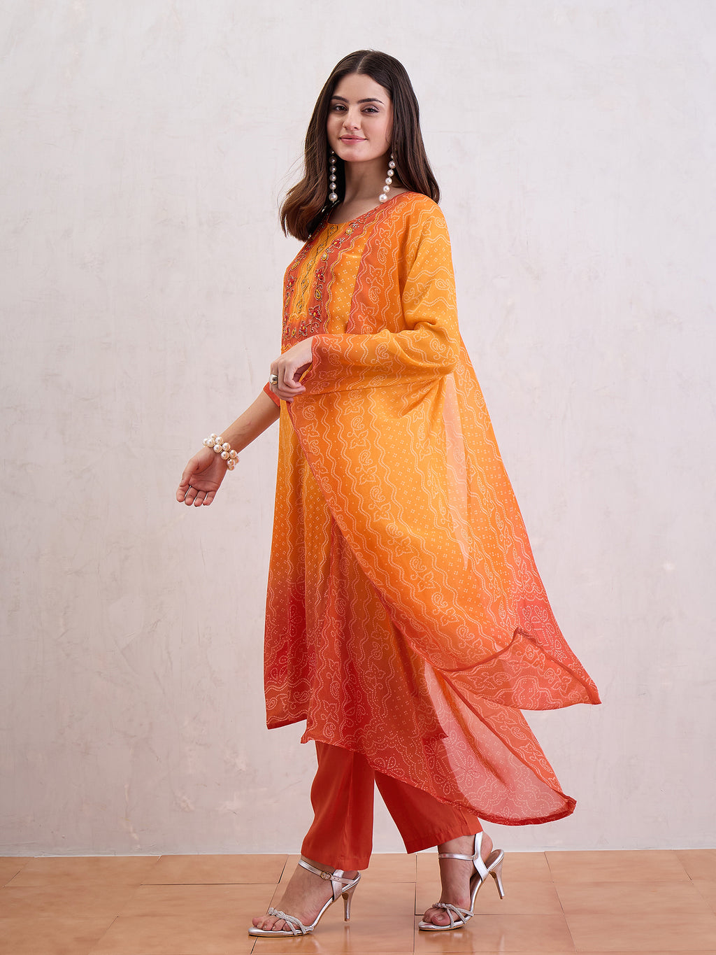 Bandhani Printed Beads and Stones Straight Kurta With Trousers & Dupatta