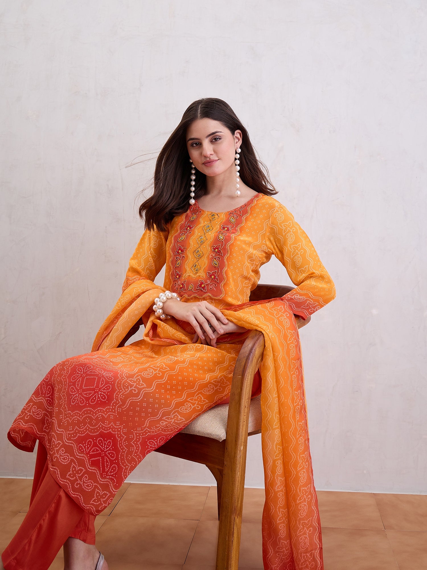 Bandhani Printed Beads and Stones Straight Kurta With Trousers & Dupatta