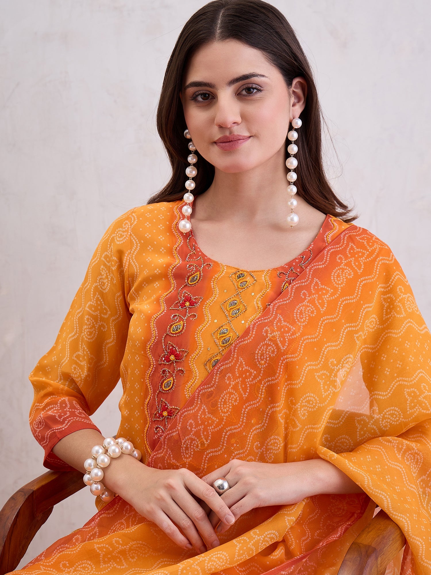 Bandhani Printed Beads and Stones Straight Kurta With Trousers & Dupatta