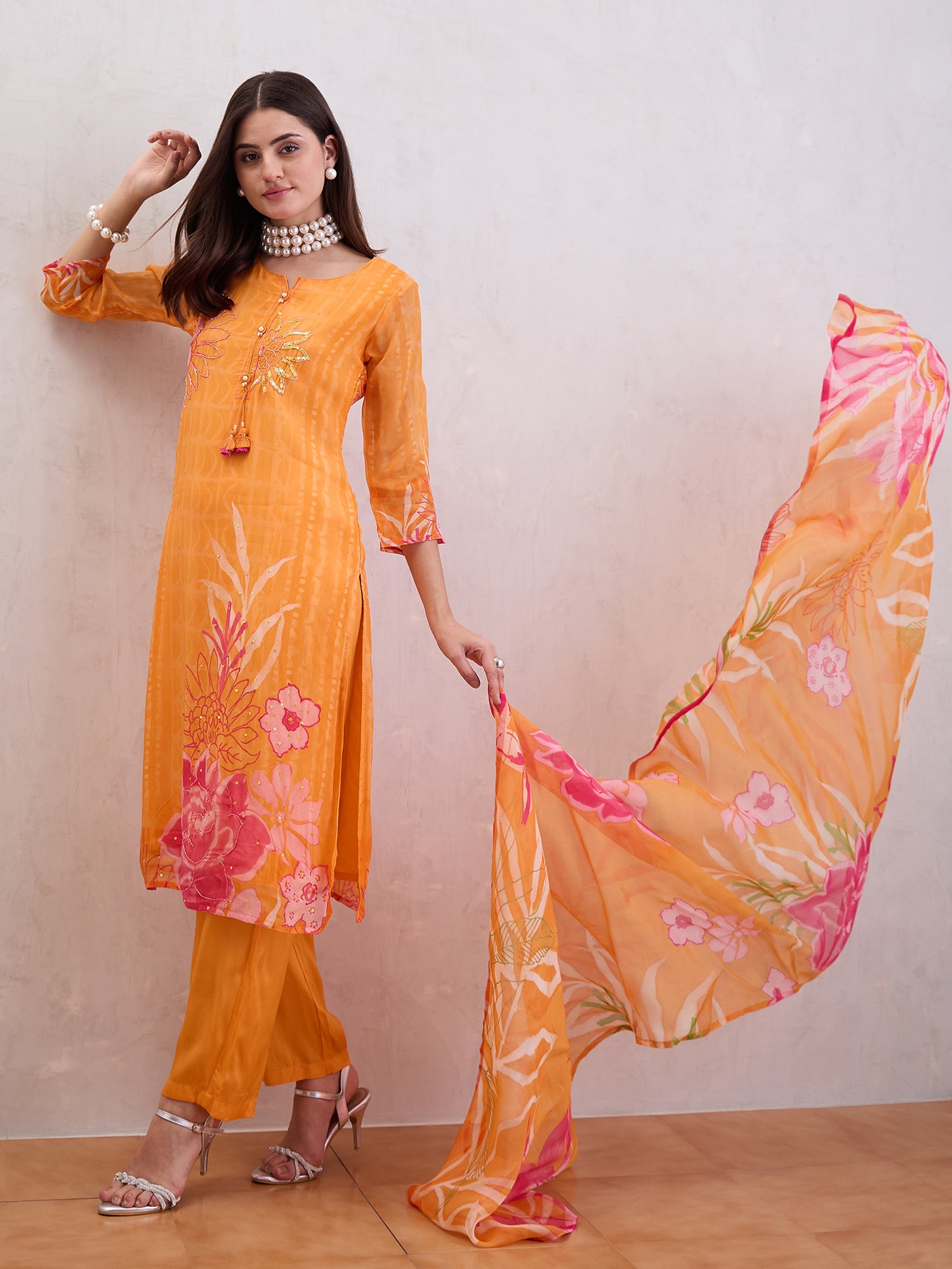 Women Pure Organza Stright Kurta Set
