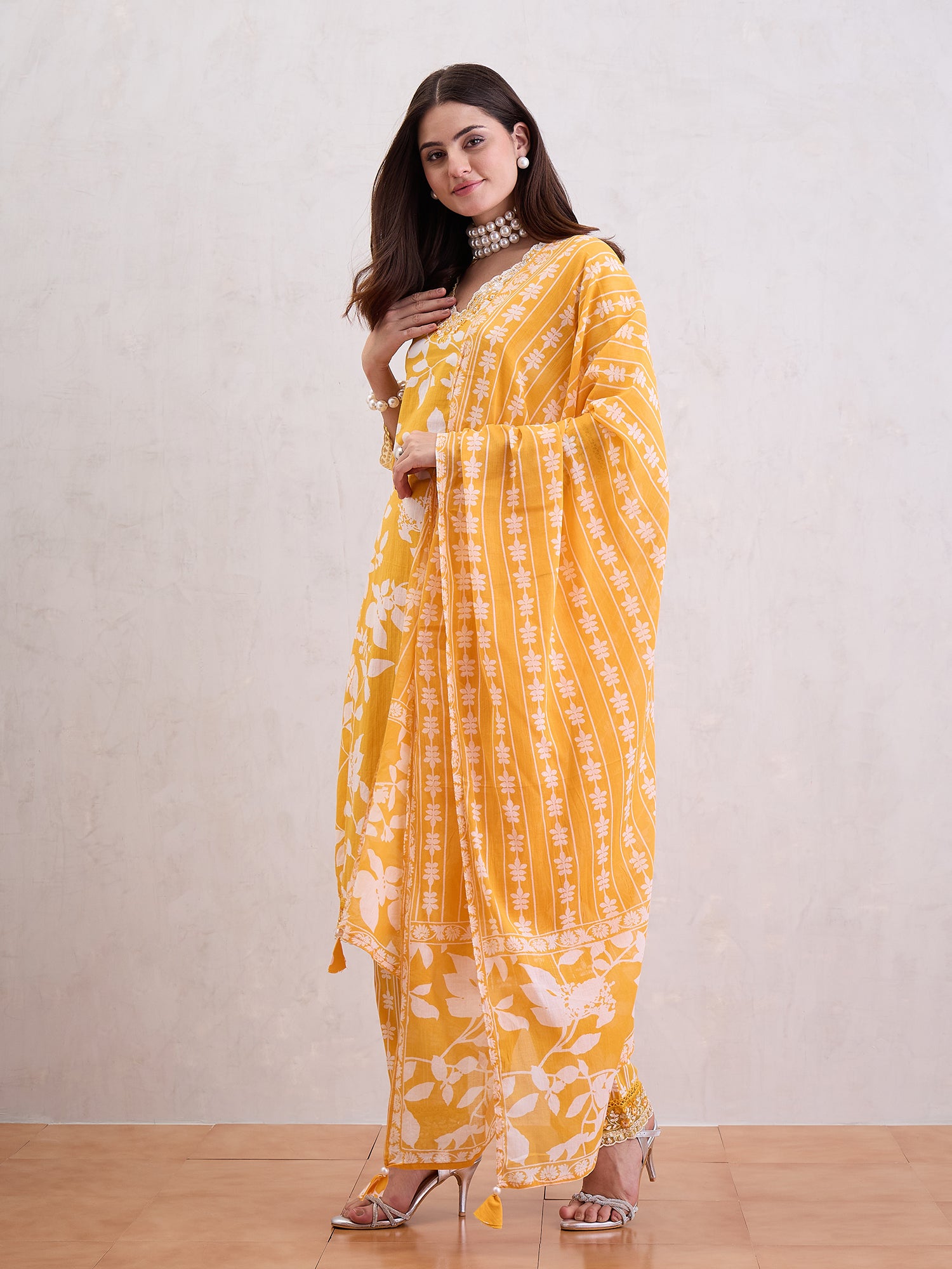 Floral Printed Thread Work Pure Cotton Straight Kurta With Trousers & Dupatta