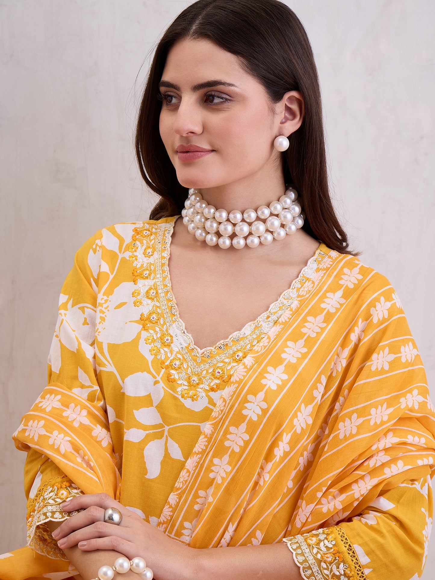 Floral Printed Thread Work Pure Cotton Straight Kurta With Trousers & Dupatta