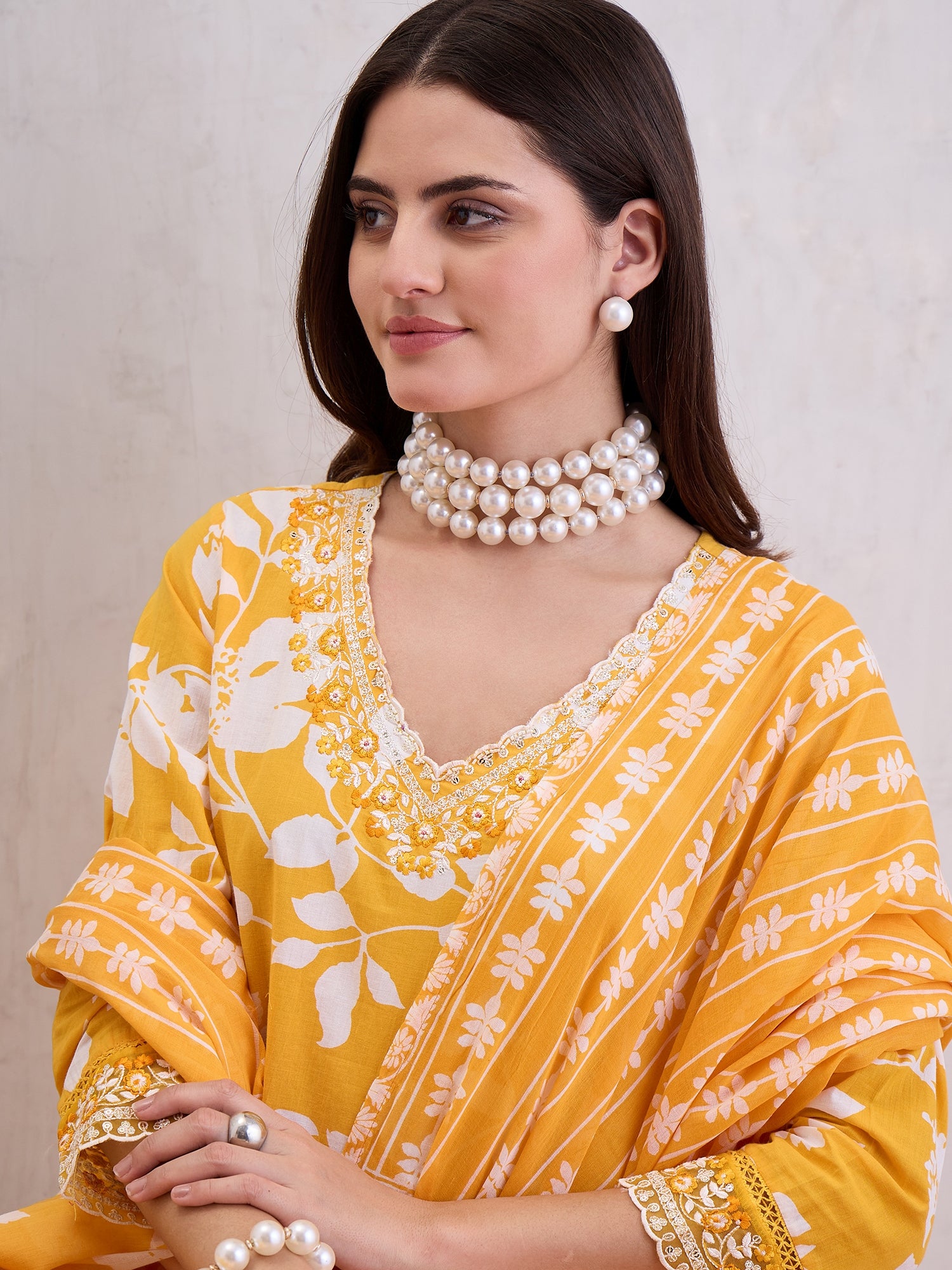 Floral Printed Thread Work Pure Cotton Straight Kurta With Trousers & Dupatta
