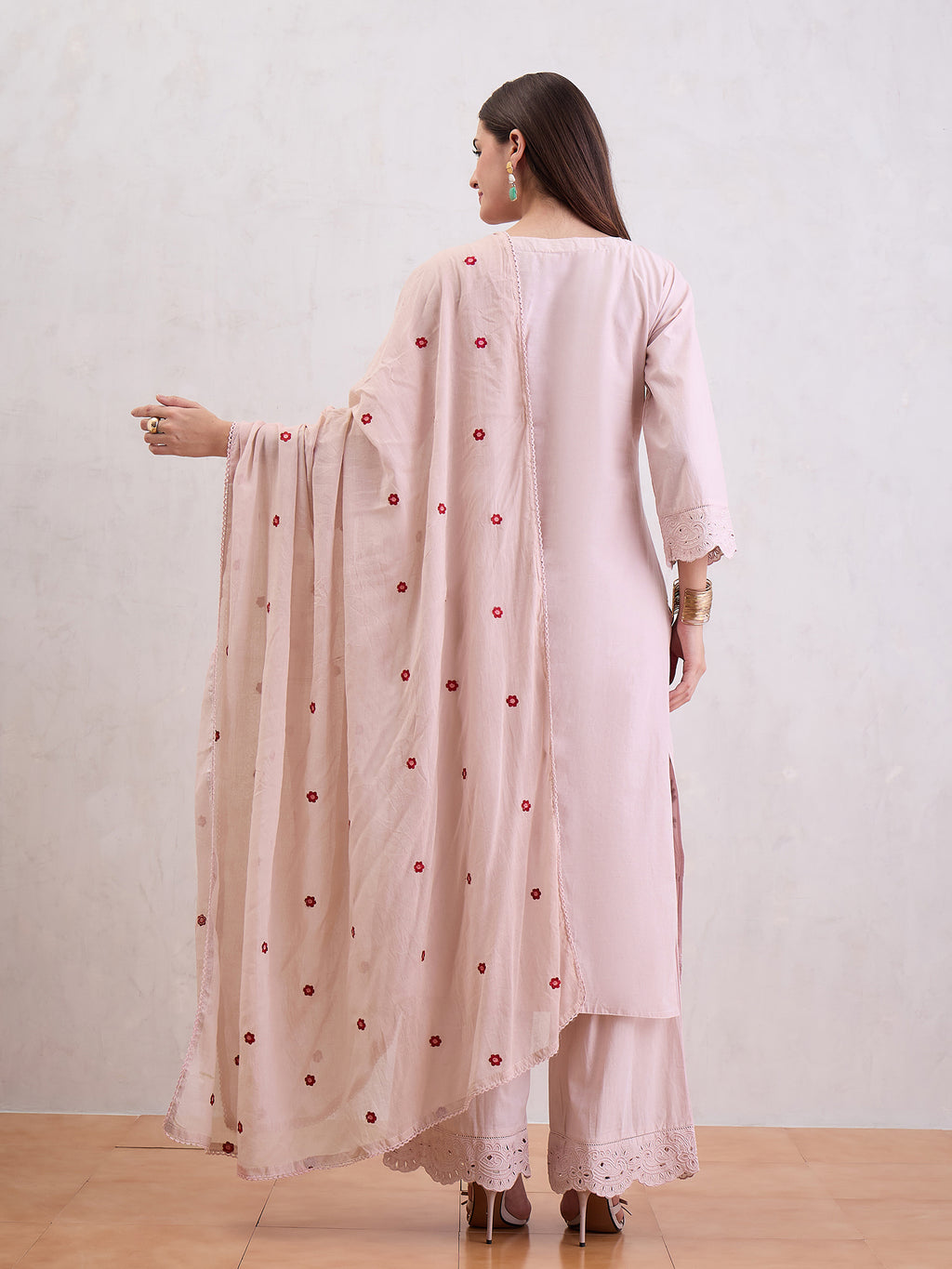 Women Floral Embroidered Cotton Kurta with Trousers & Dupatta