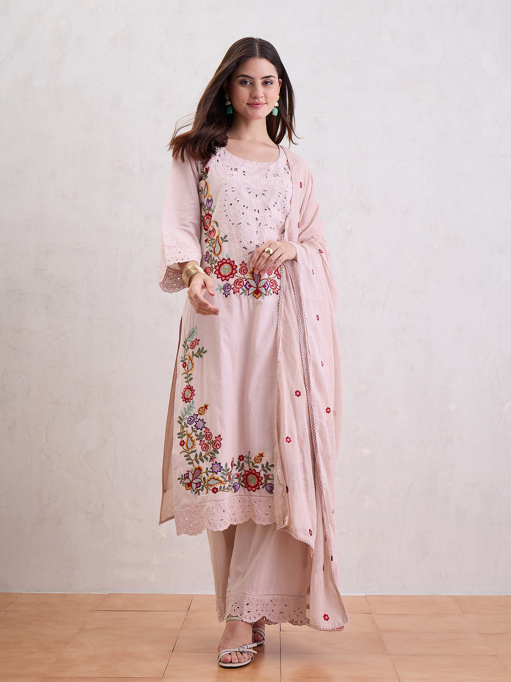 Women Floral Embroidered Cotton Kurta with Trousers & Dupatta