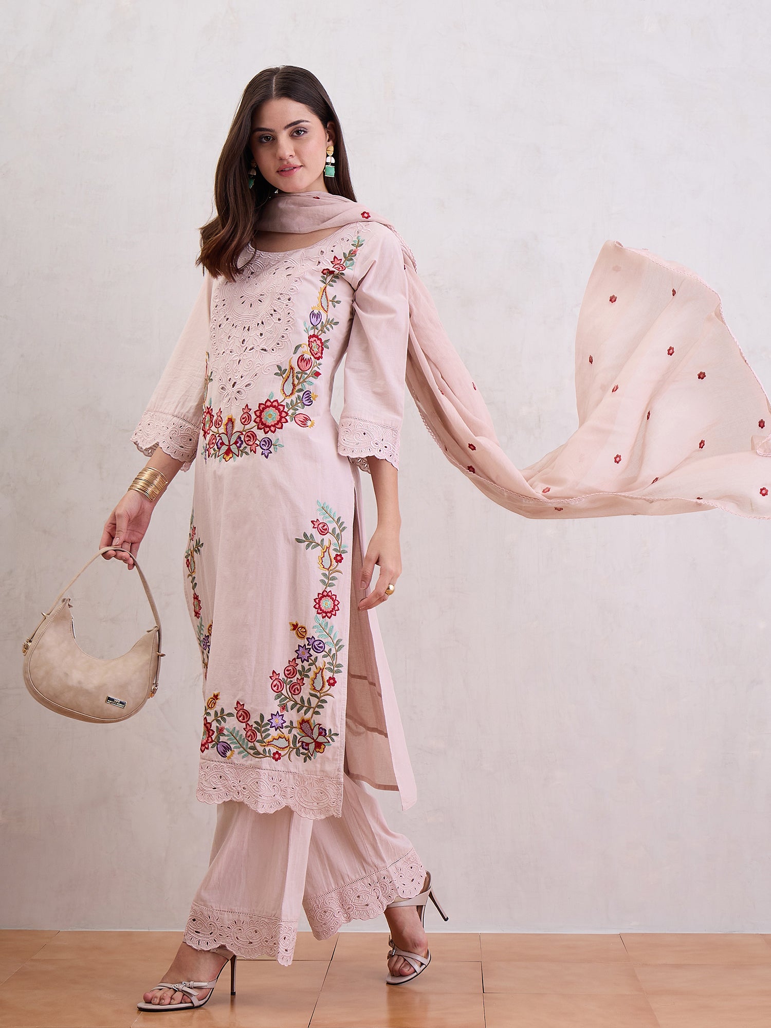 Women Floral Embroidered Cotton Kurta with Trousers & Dupatta