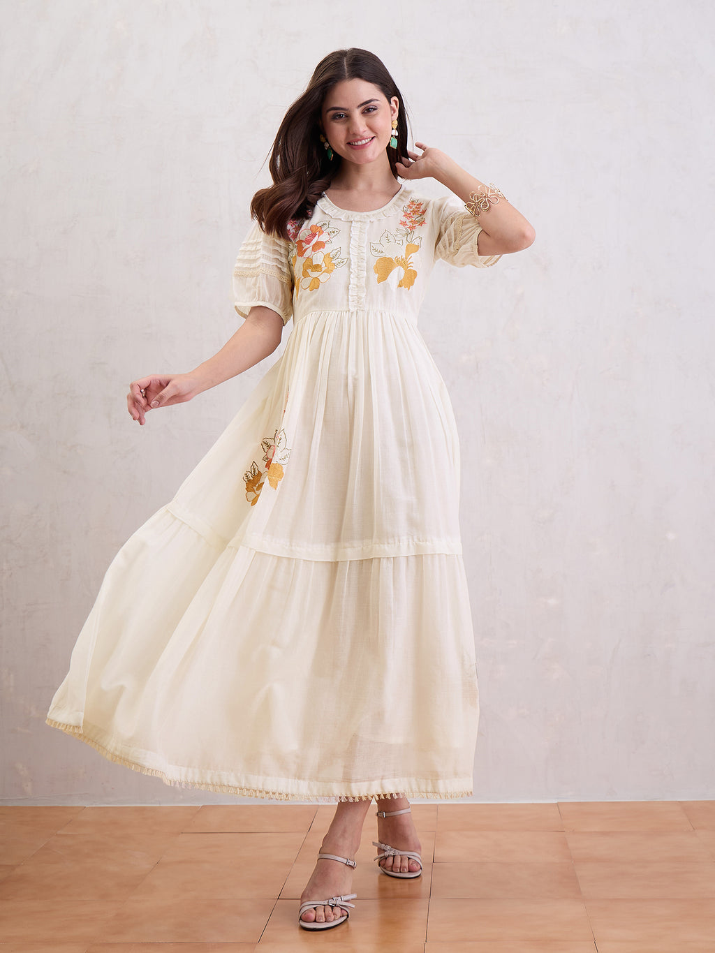 Women Cotton Voile Fit-Flare Dress Emblished With Multi Colored Embroidery