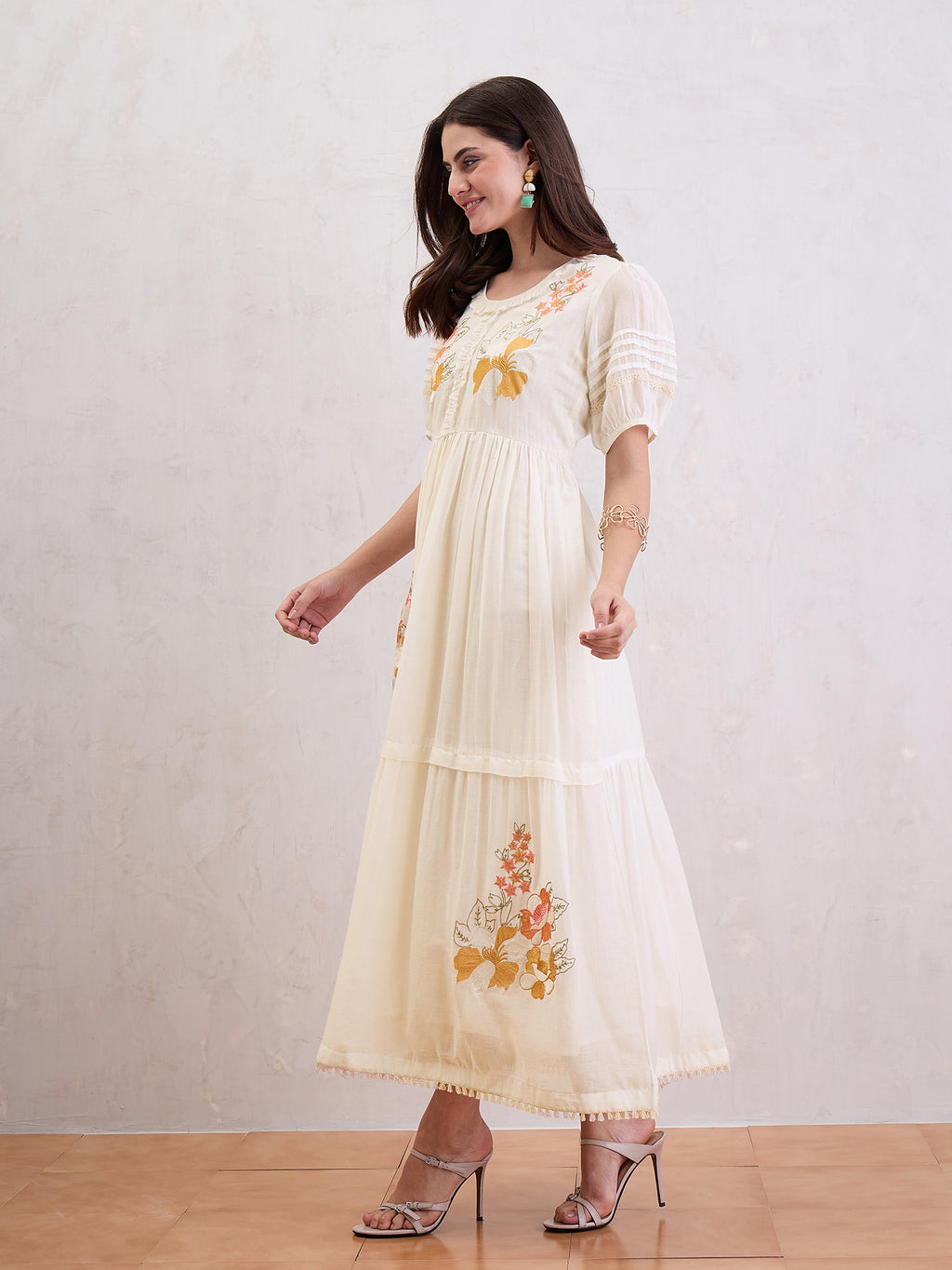 Women Cotton Voile Fit-Flare Dress Emblished With Multi Colored Embroidery