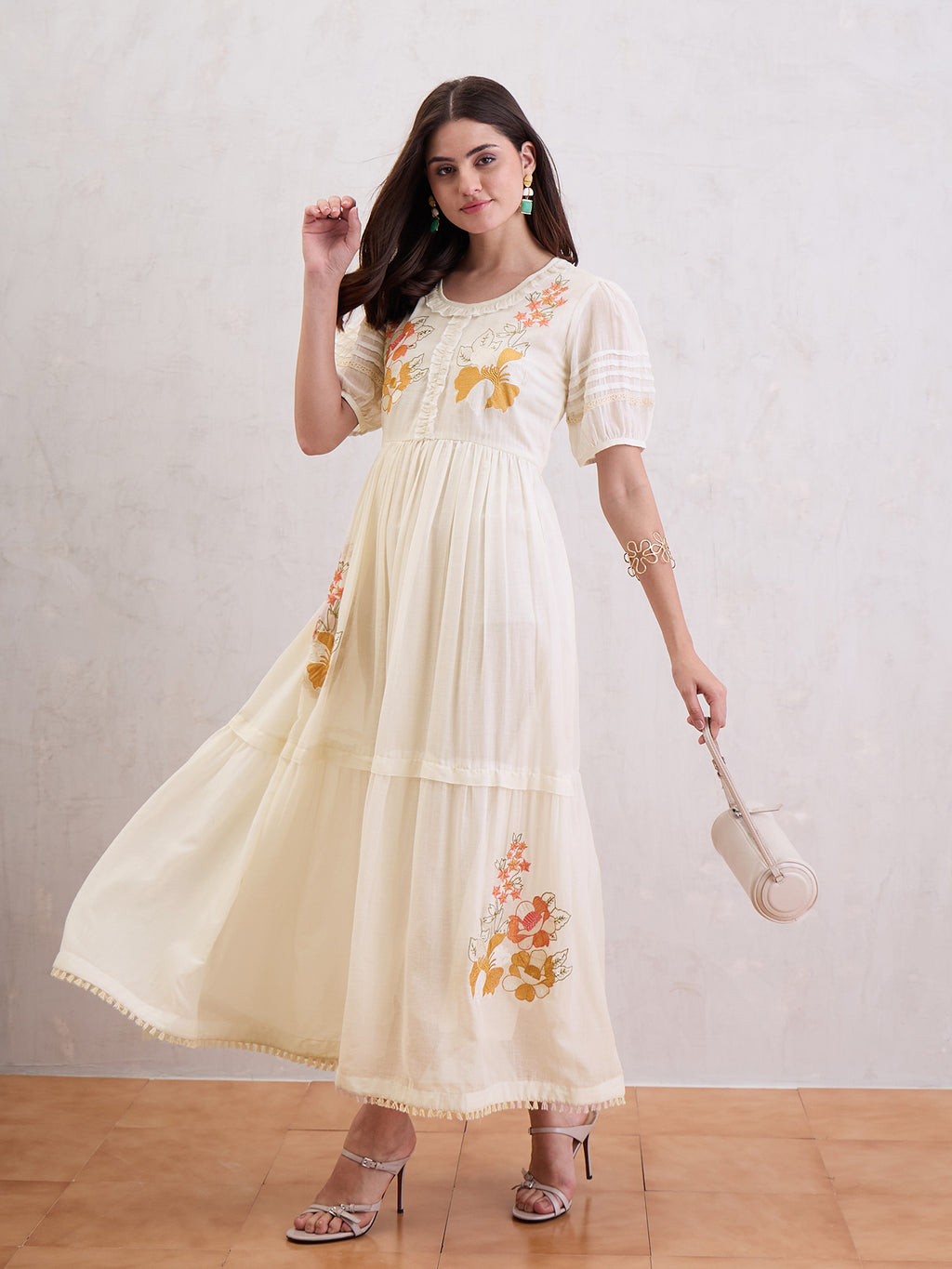 Women Cotton Voile Fit-Flare Dress Emblished With Multi Colored Embroidery