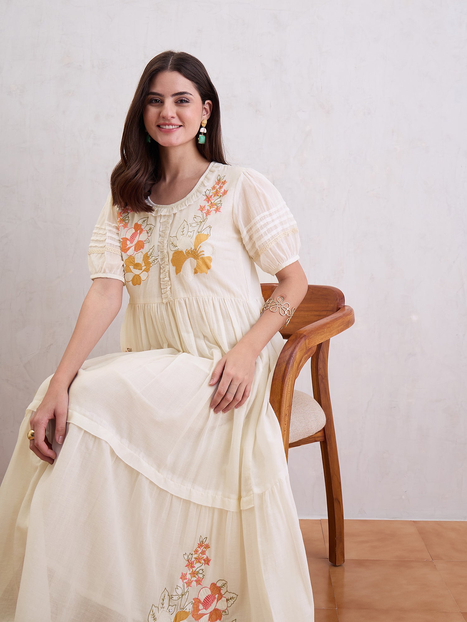 Women Cotton Voile Fit-Flare Dress Emblished With Multi Colored Embroidery