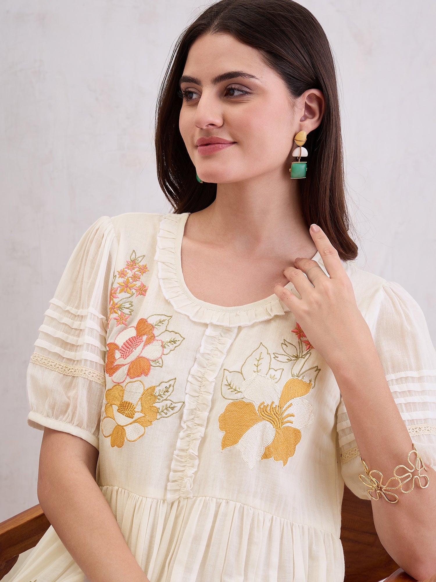 Women Cotton Voile Fit-Flare Dress Emblished With Multi Colored Embroidery