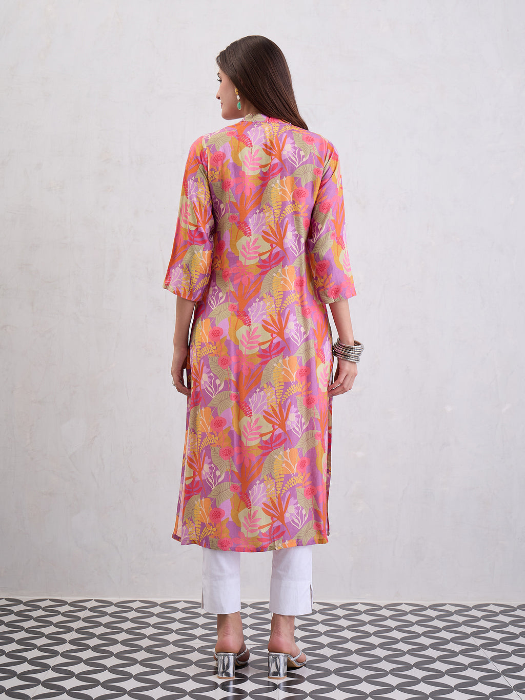 Digital Printed Straight Kurta Emblished With Thread and Tassels Over On Yoke