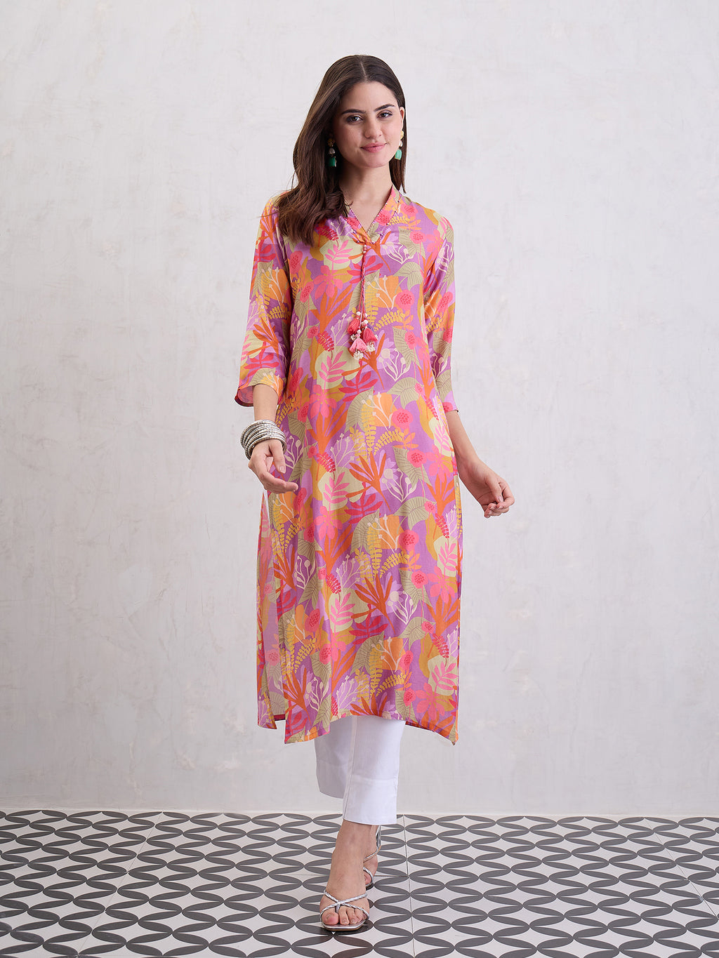 Digital Printed Straight Kurta Emblished With Thread and Tassels Over On Yoke