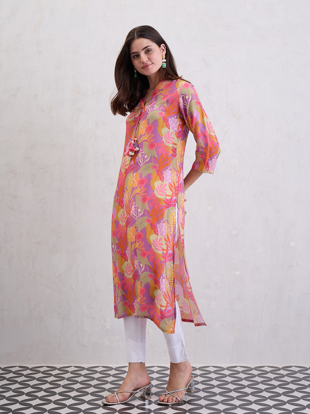 Digital Printed Straight Kurta Emblished With Thread and Tassels Over On Yoke
