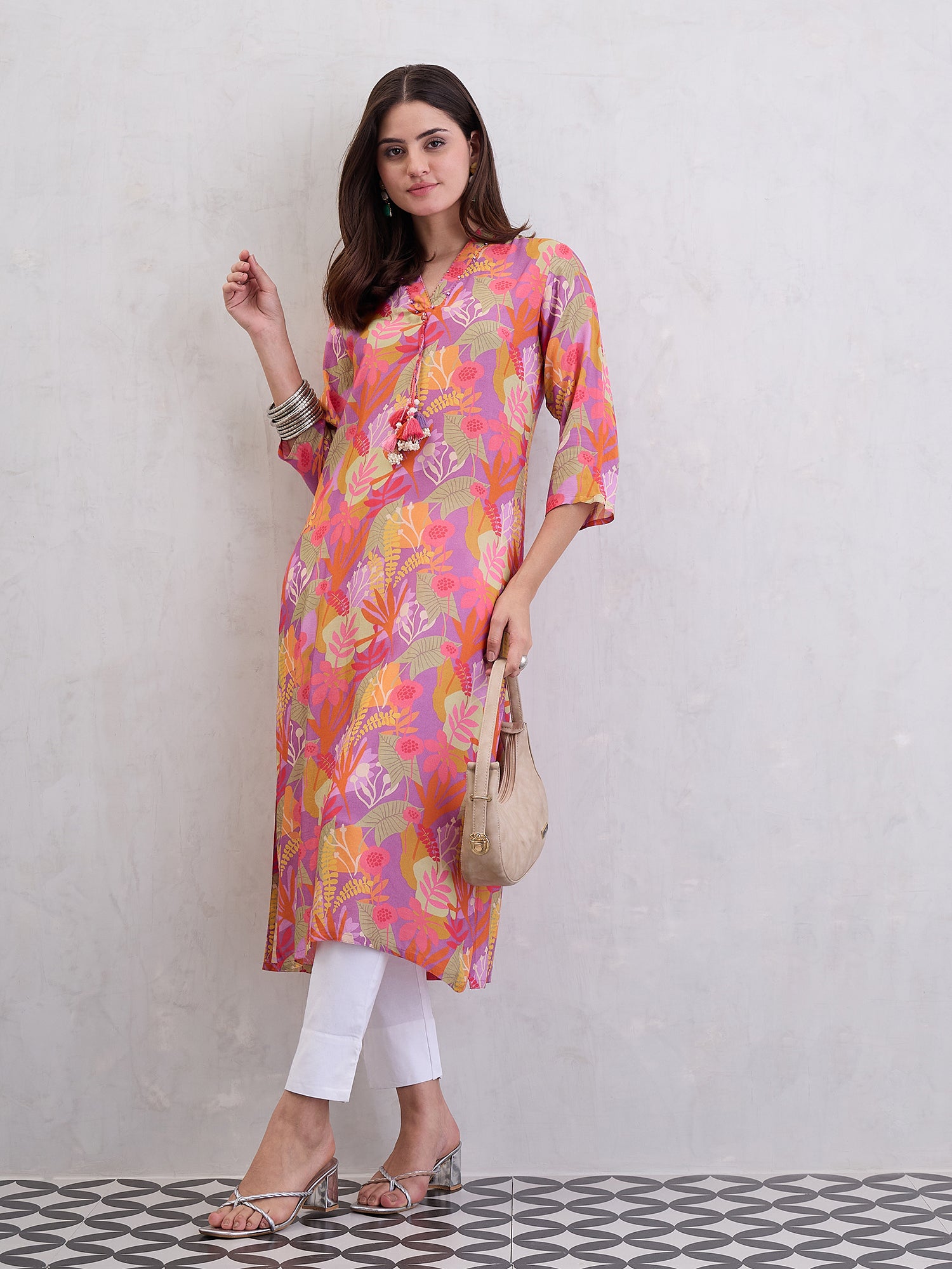 Digital Printed Straight Kurta Emblished With Thread and Tassels Over On Yoke