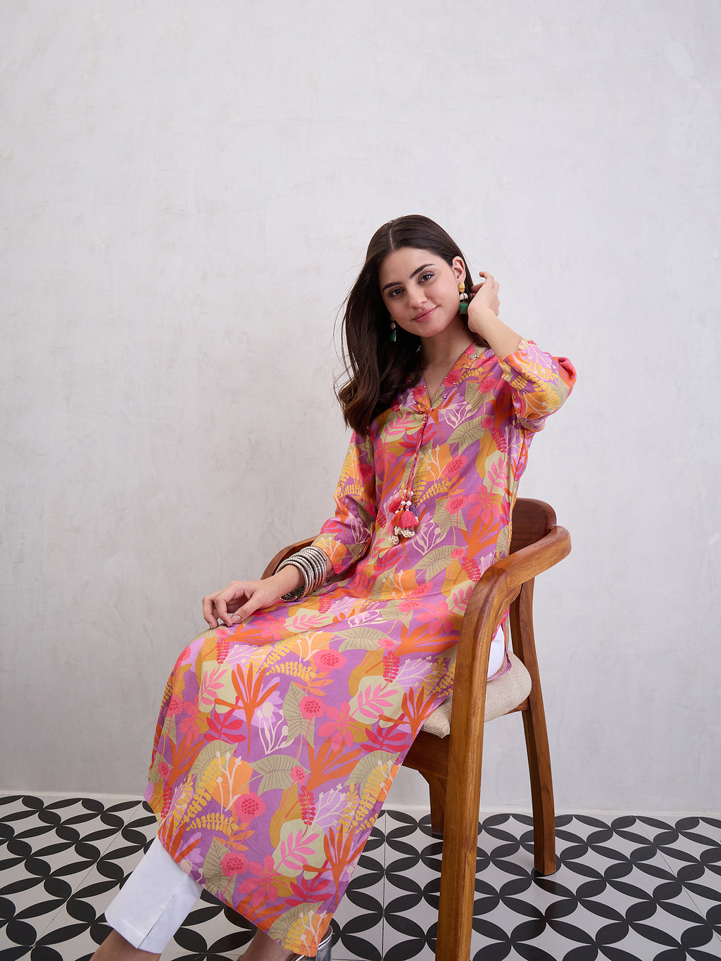 Digital Printed Straight Kurta Emblished With Thread and Tassels Over On Yoke