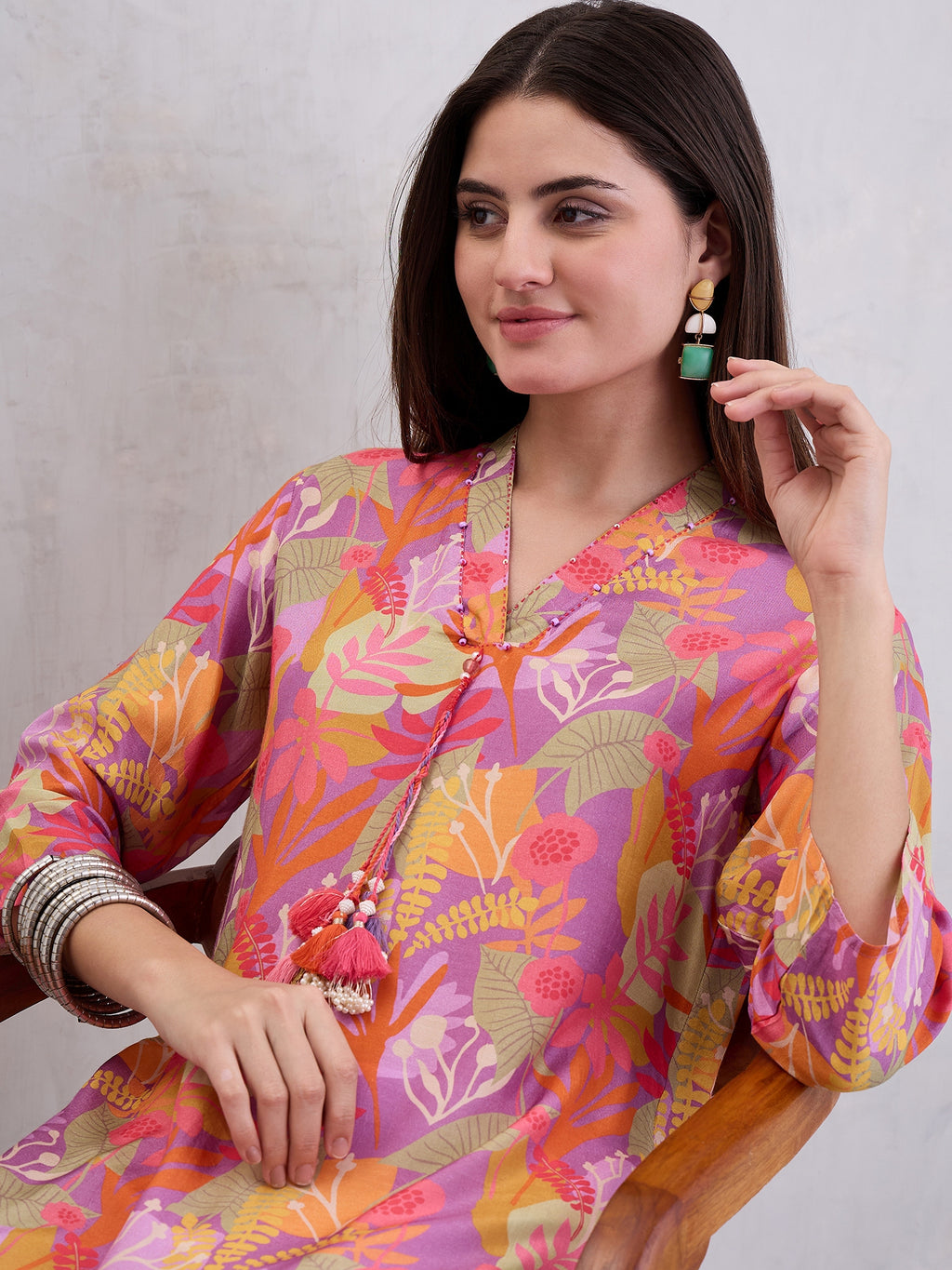 Digital Printed Straight Kurta Emblished With Thread and Tassels Over On Yoke