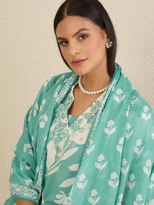 Women Floral Printed Regular Thread Work Pure Cotton Kurta with Trousers & With Dupatta