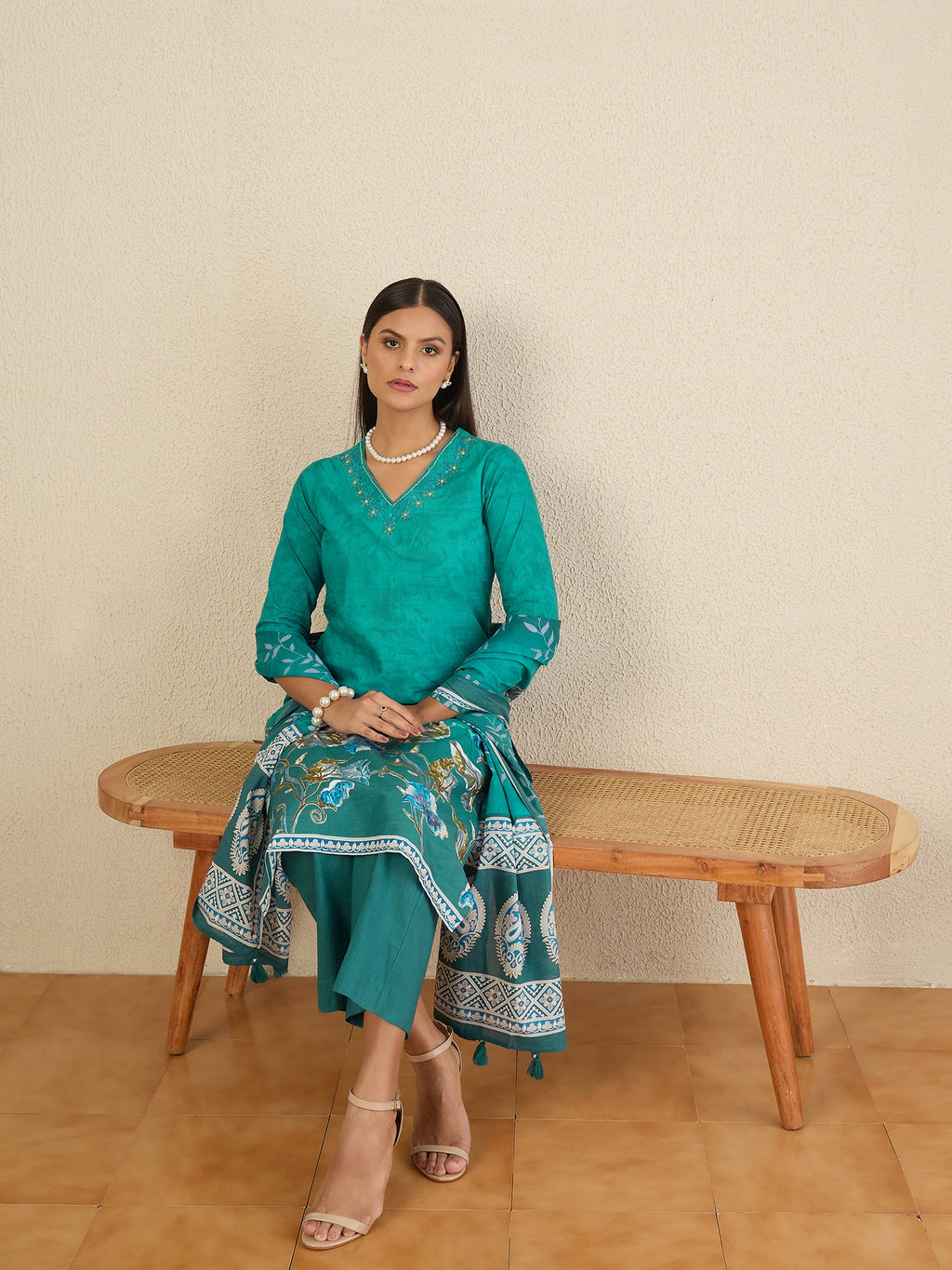 Women Floral Dyed Regular Thread Work Pure Cotton Kurta with Palazzos & With Dupatta