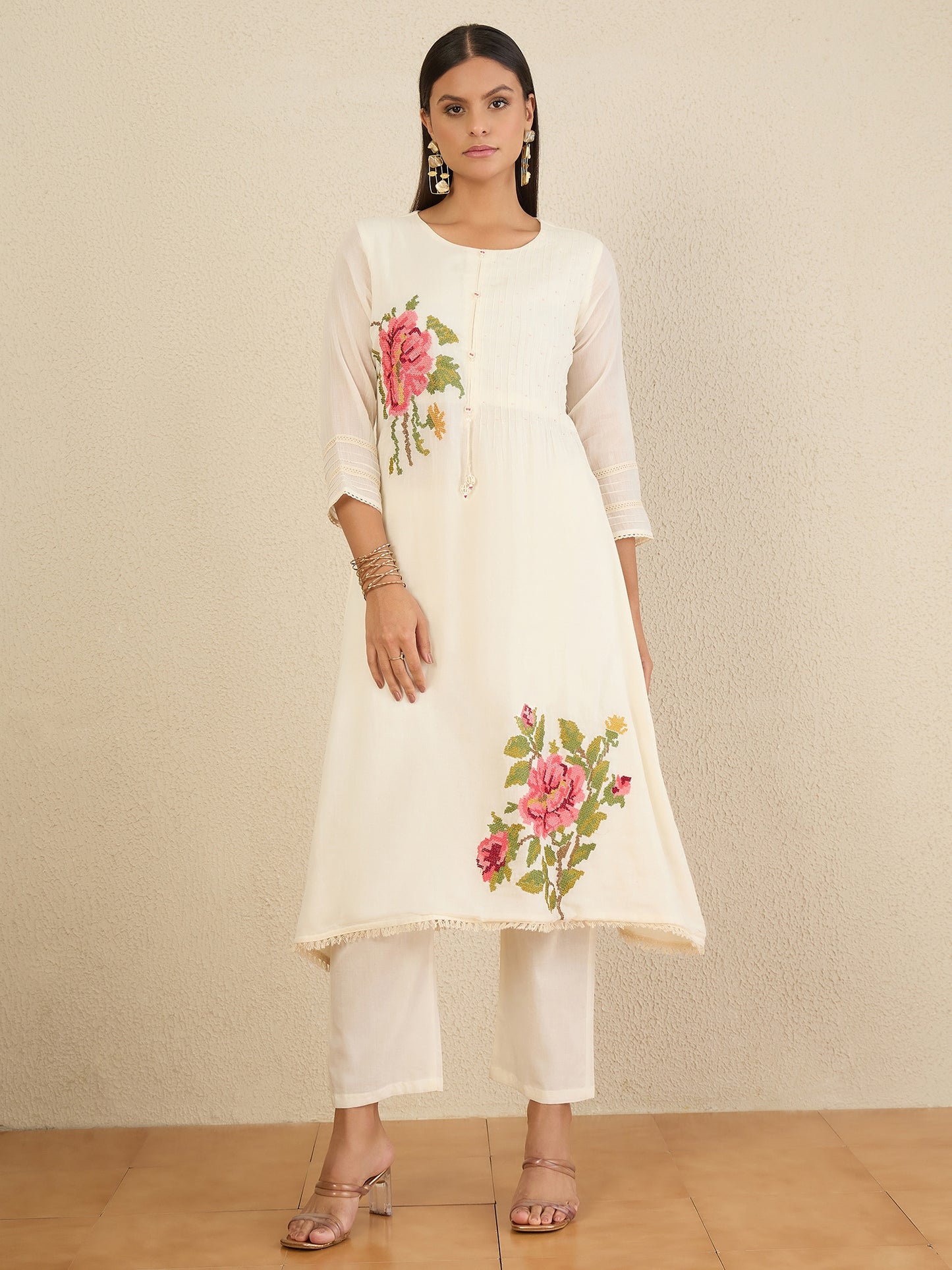 Women Embroidered Pleated Thread Work Kurta with Trousers & With Dupatta