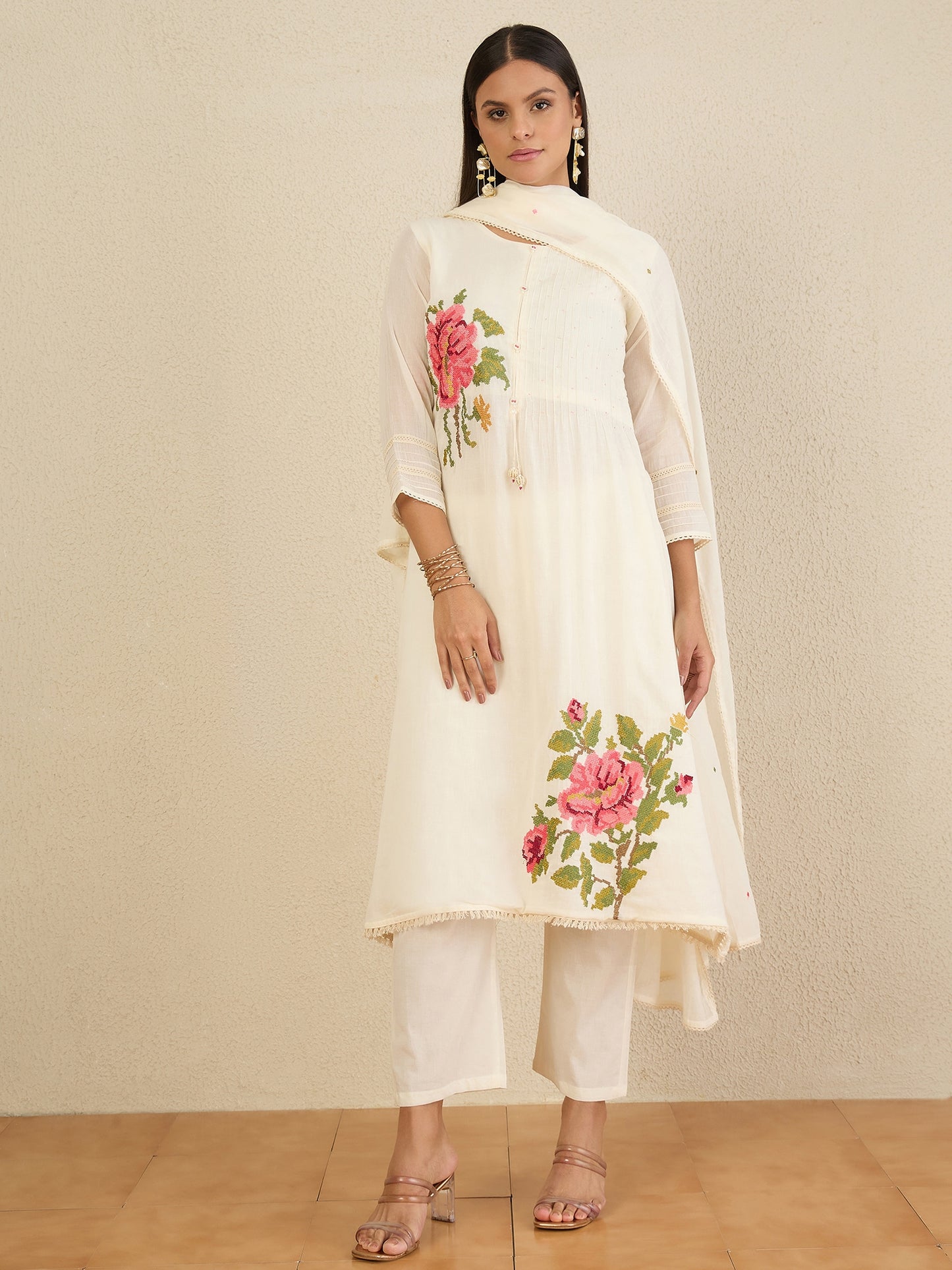 Women Embroidered Pleated Thread Work Kurta with Trousers & With Dupatta