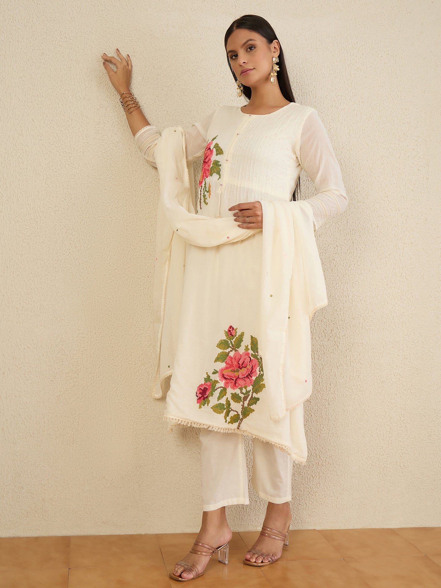 Women Embroidered Pleated Thread Work Kurta with Trousers & With Dupatta