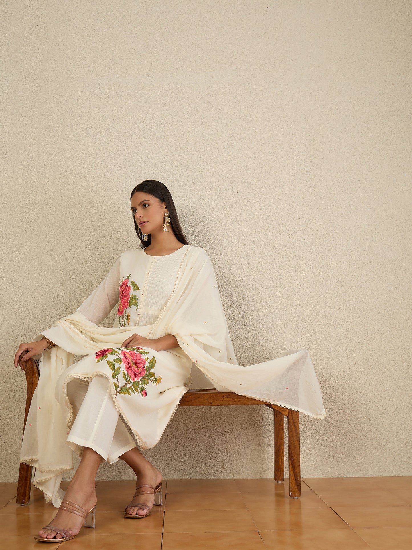 Women Embroidered Pleated Thread Work Kurta with Trousers & With Dupatta