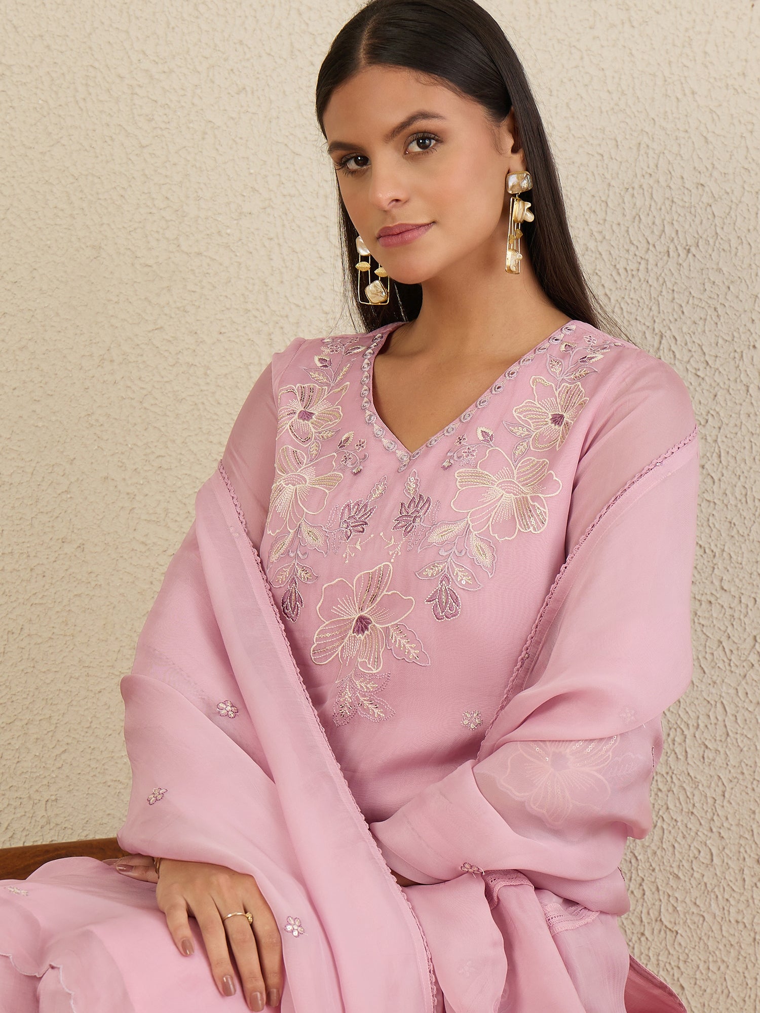 Women Embroidered Regular Thread Work Kurta with Trousers & With Dupatta