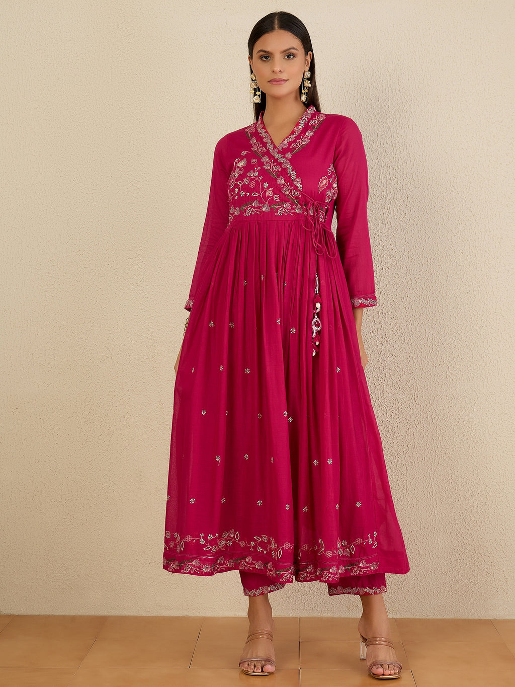 Women Ethnic Motifs Embroidered Angrakha Thread Work Kurta with Trousers & With Dupatta