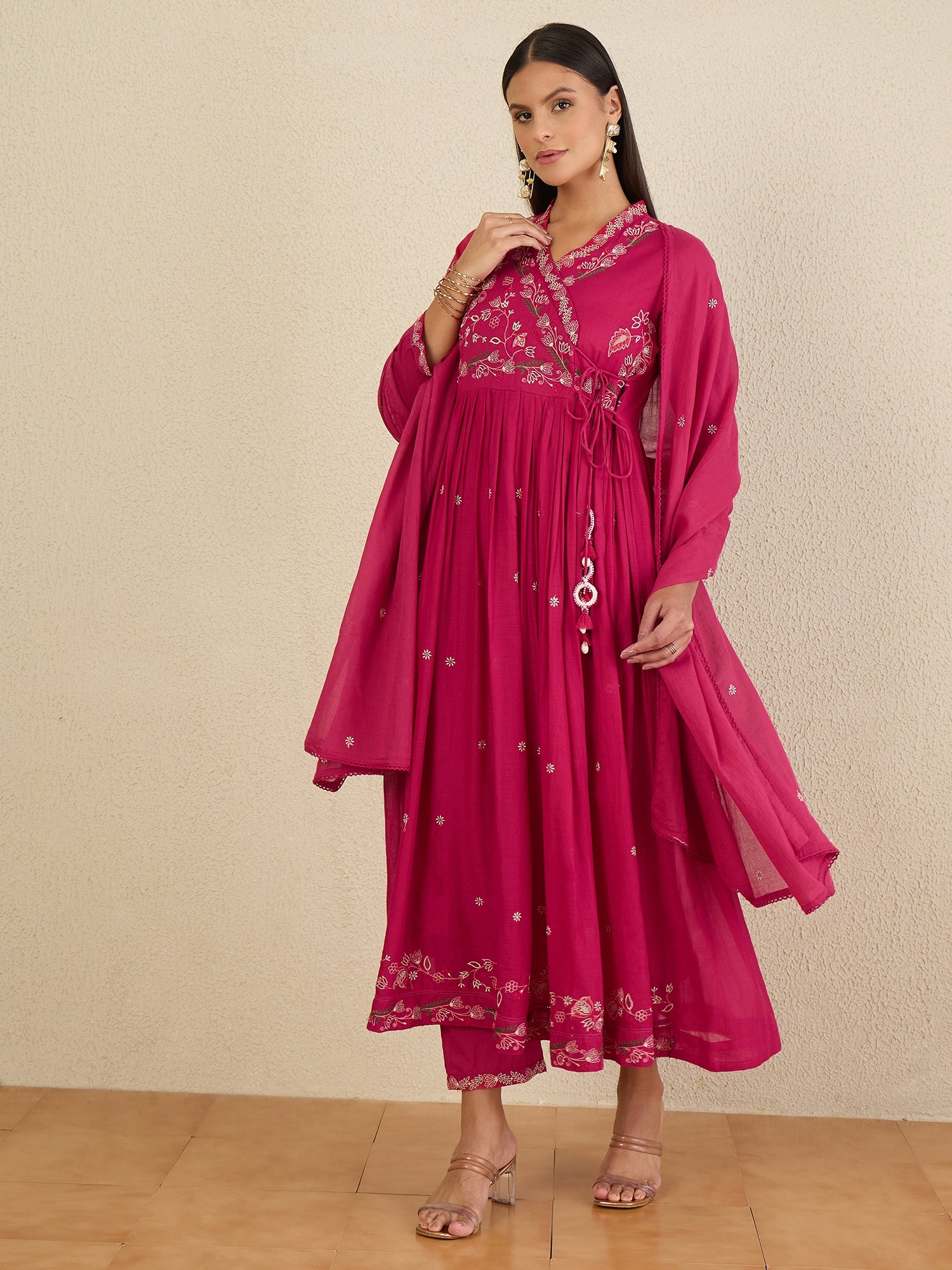 Women Ethnic Motifs Embroidered Angrakha Thread Work Kurta with Trousers & With Dupatta
