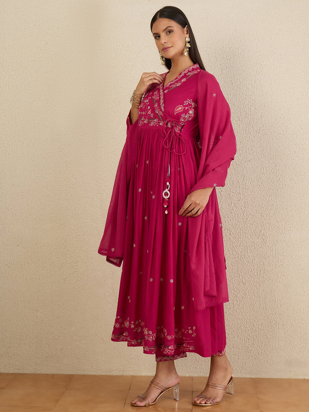 Women Ethnic Motifs Embroidered Angrakha Thread Work Kurta with Trousers & With Dupatta