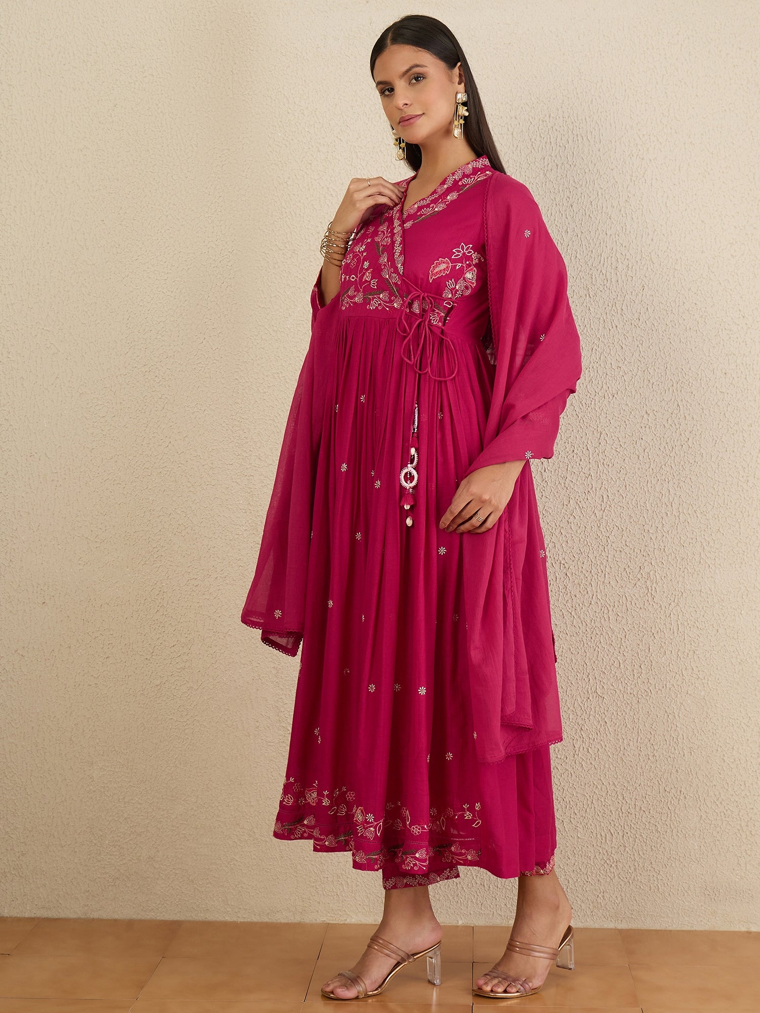 Women Ethnic Motifs Embroidered Angrakha Thread Work Kurta with Trousers & With Dupatta