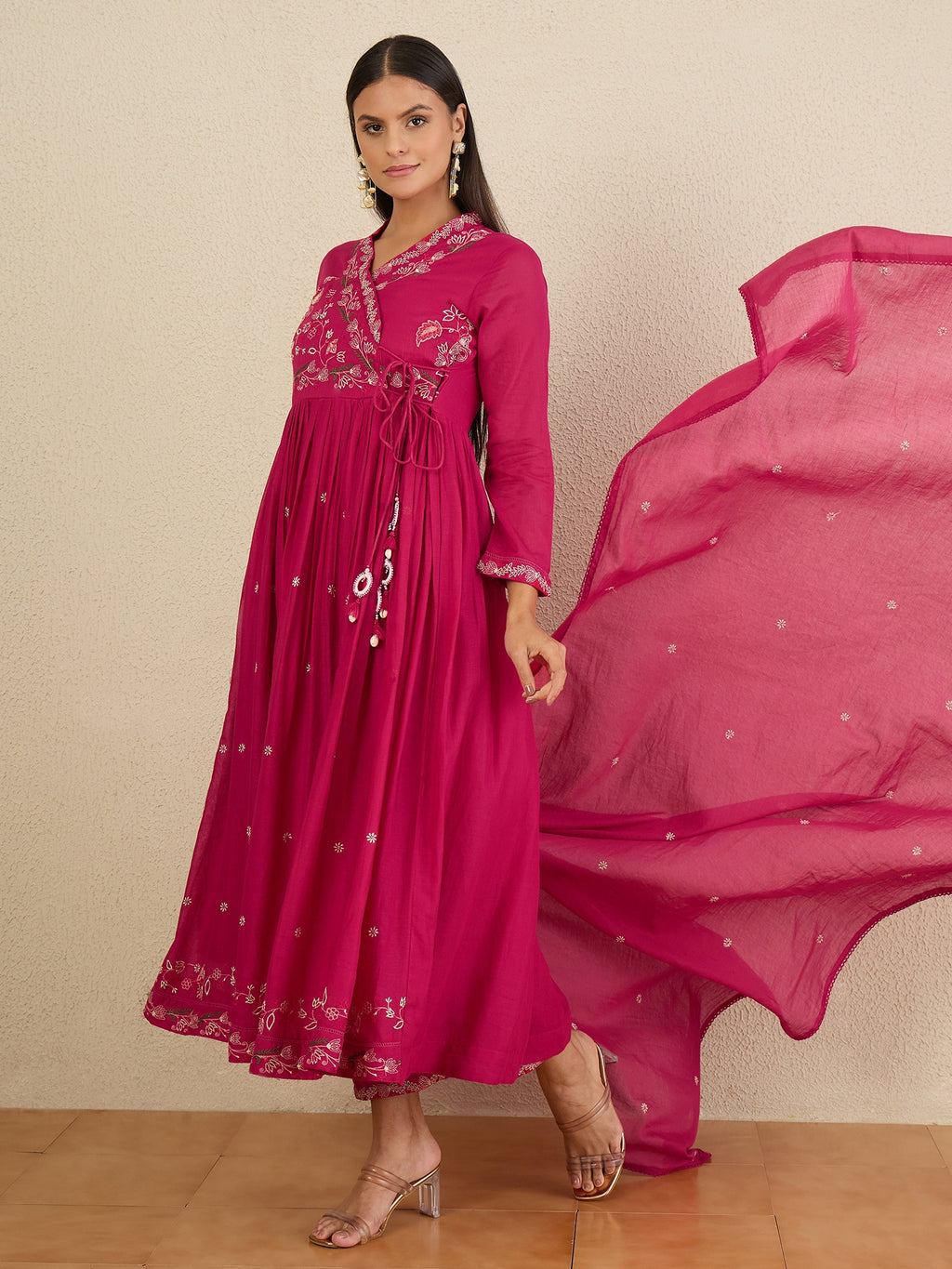 Women Ethnic Motifs Embroidered Angrakha Thread Work Kurta with Trousers & With Dupatta