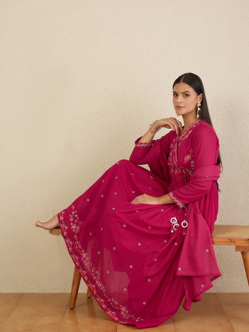 Women Ethnic Motifs Embroidered Angrakha Thread Work Kurta with Trousers & With Dupatta