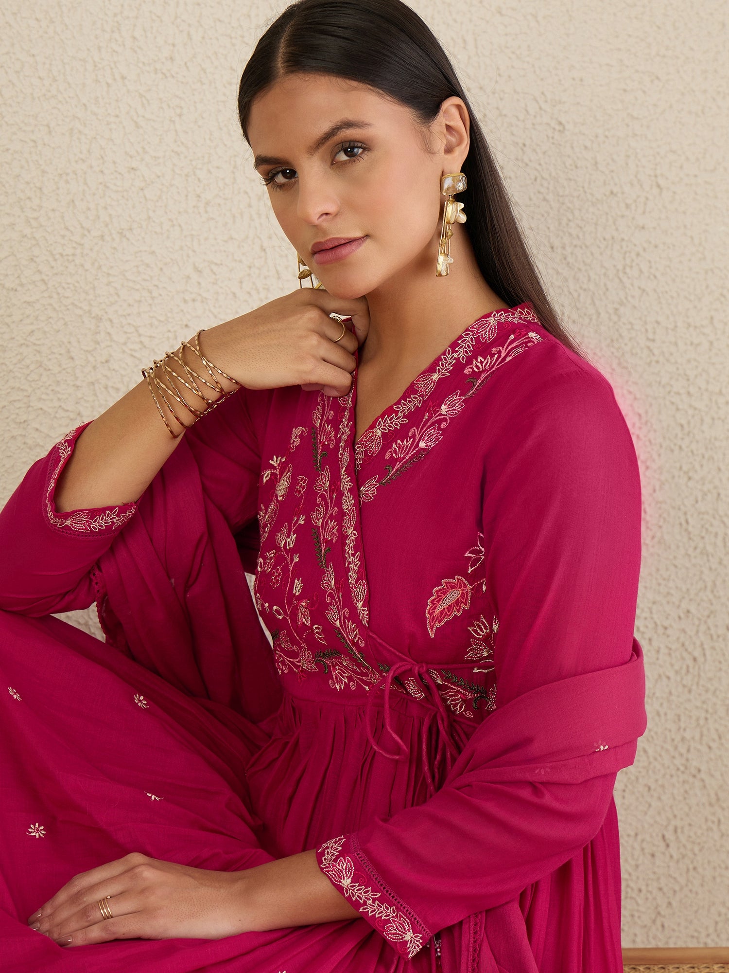 Women Ethnic Motifs Embroidered Angrakha Thread Work Kurta with Trousers & With Dupatta