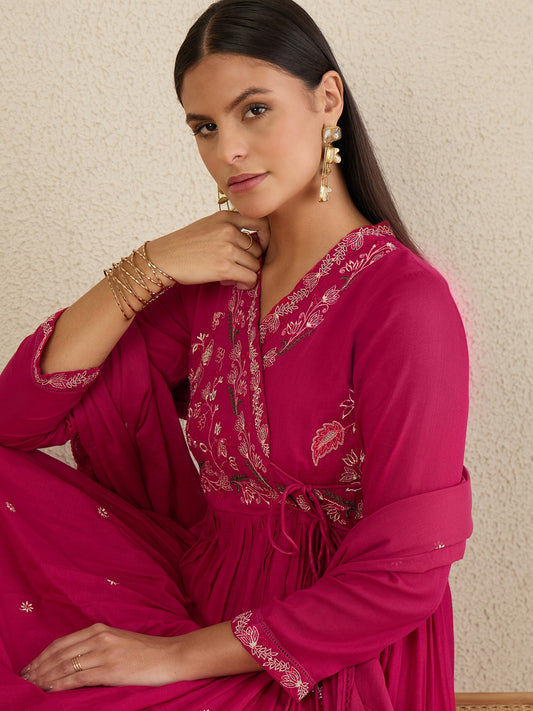 Women Ethnic Motifs Embroidered Angrakha Thread Work Kurta with Trousers & With Dupatta